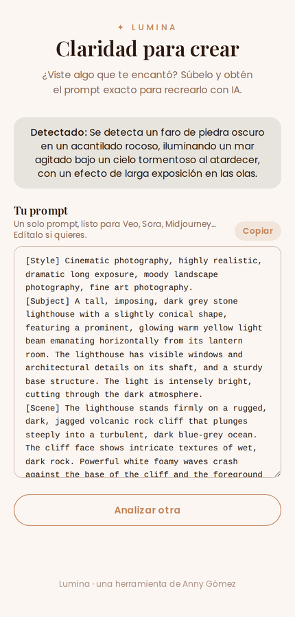 Lumina result: a plain-language description of what was detected, then a structured prompt with Style and Subject sections, ready to copy