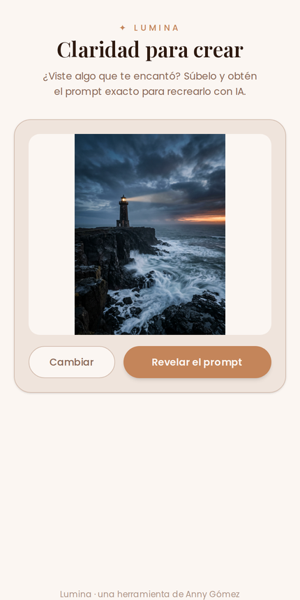 Lumina upload screen with an image loaded, ready to reveal the prompt